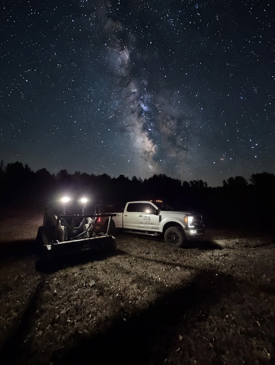 Big Project Solutions truck and equipment at night providing 24/7 demolition services in OKC